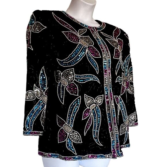 NWT Vintage Black Sequin Beaded Floral Jacket 100% Silk Size Large by Stenay - Picture 4 of 14